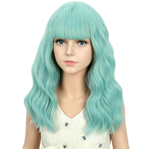 Image of Adult Mint Green Wig Women Short Green Wavy Curly Wigs Adult Wig with Air Bangs Synthetic Cosplay Hair Wigs