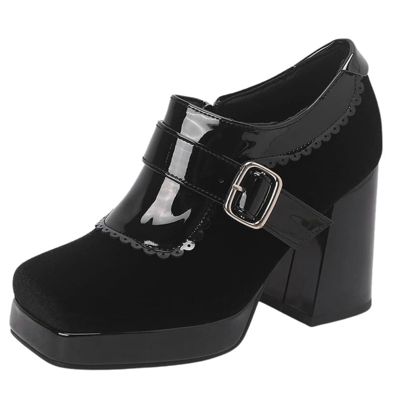 Belt Buckle Square Shoes for Women Color Matching Thick Heel Footwear PU Upper Rubber Sole-image-18