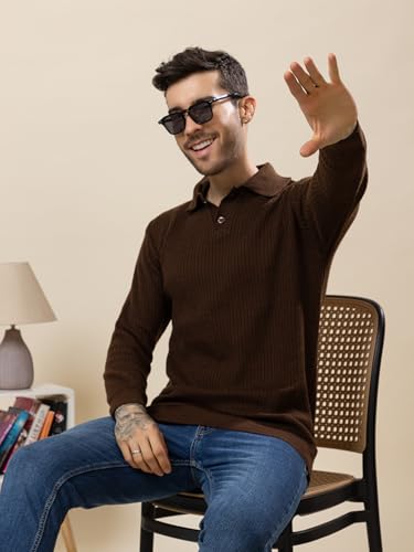 Image of TYSORT Men's Knitted Polo Sweater Casual Full Sleeve Pullover Sweater with Button Collar