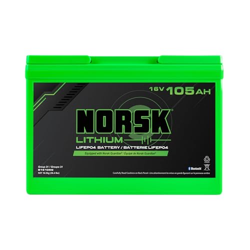 Norsk Lithium 16V 105AH LiFePO4 Deep Cycle Battery | Group 31 | Bluetooth | One-Touch Power Management Button | IP67 Waterproof | Perfect for Marine Electronics
