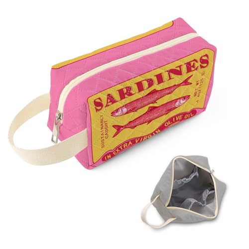 Pink Sardine Can Printed Quilted Makeup Pouch for Women - Velvety Polyester Cosmetic Organizer w/Triple Compartments, Travel & Makeup Brush Holder