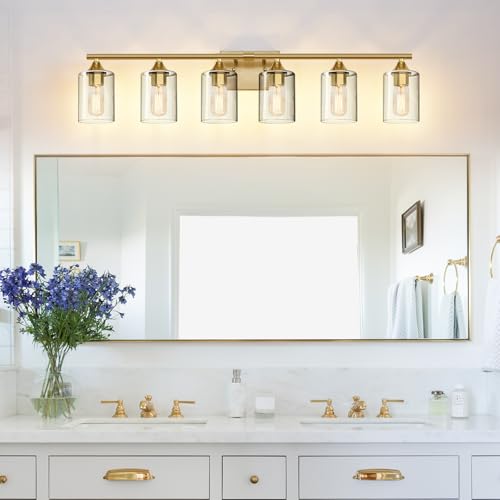 Image of 6-Light Gold Vanity Light,Bathroom Light Fixtures,Modern Brushed Brass Gold Wall Sconce Lighting,Bathroom Wall Lamp for Mirror Bedroom Living Room Vanity Table Hallway