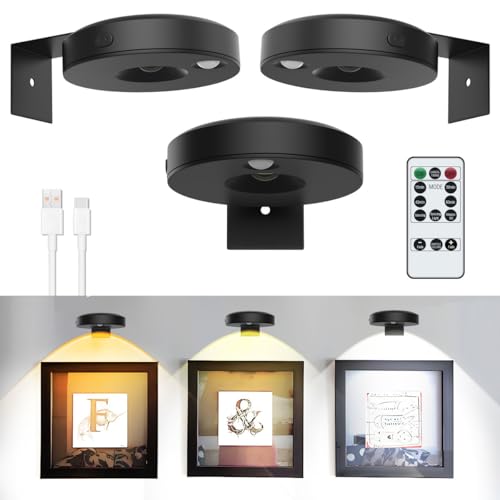 3Pack LED Picture Lights for Wall Rechargeable Battery Picture Frame Light with Remote Wireless...