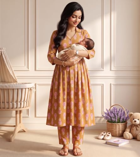 Image of DUMMY SHAPE Maternity Dresses for Women Cotton | Floral Kurta Pant Dupatta Set with Nursing Zippers, Side Pocket | Pre & Post Pregnancy | Feeding Kurti Suit | Baby Shower | Gifts for Pregnant Woman