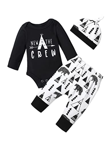 Image of Fommy Newborn Baby Boy Clothes New to The Crew Letter Print Romper+ Pants+Hat 3PCS Outfit