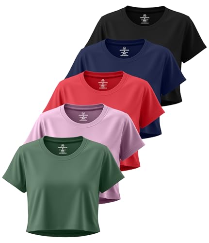 Image of Real Essentials 5 Pack: Women's Dry Fit Crop Top - Short Sleeve Crew Neck Stretch Athletic Tee (Available in Plus Size)