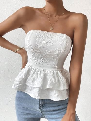 MakeMeChic Women's Bow Knot Tie Back Bandeau Floral Lace Ruffle Tiered Shirt Peplum Tube Tops2