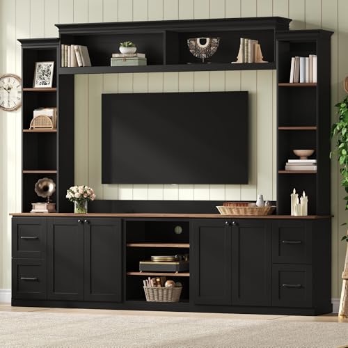 Image of 94.8 inchL Large Entertainment Center with Bookshelves and Drawers for TVs Up to 70'', Wall Unit Entertainment Center with Adjustable Shelves and Cabinet, Minimalist TV Stands for Living Room Black