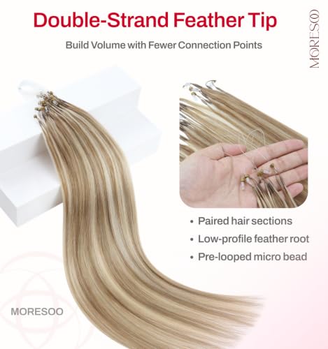 Image of Moresoo Microlink Hair Extensions, Feather Tip, Ash Brown Blonde Highlight