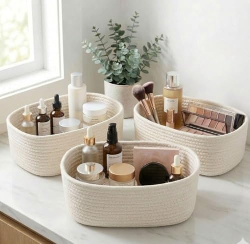 Image of 100% Natural Jute small box mini rope paper storage Round hamper baby nursery tray bucket for Living Kitchen, Office, Drawing Room,fruits, kitchen, office, (cream)