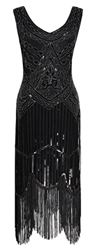 Women's Vintage 1920S Sequin Beaded Tassels Hem Flapper Dress W/Accessories Set (2X-Large, Style03-Black&Silver) #TOP1