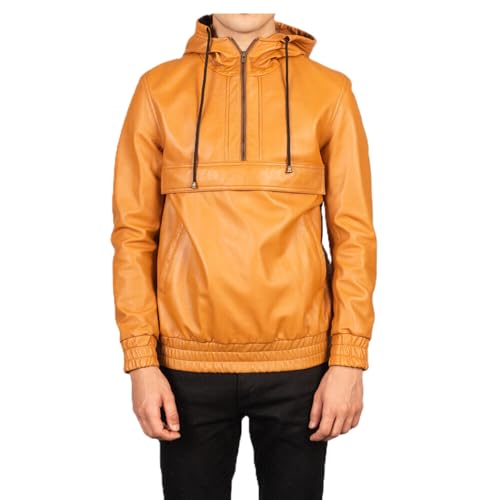 Men's Lambskin Leather Hooded Pullover Jacket Classic Tan Brown