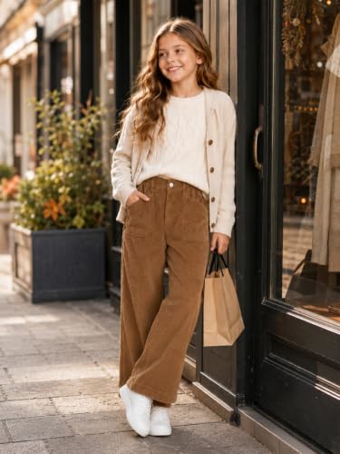 Image of Rolanko Girls Wide Leg Corduroy Pants High Waist Trousers Vintage Kids Pants Streetwear Casual 4-12 Years