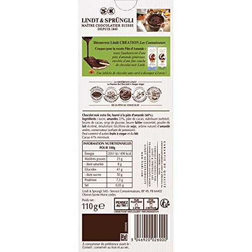 Lindt - Tablette Pâte d'Amande CREATION - Chocolat Noir, 110g (Lot de 4)