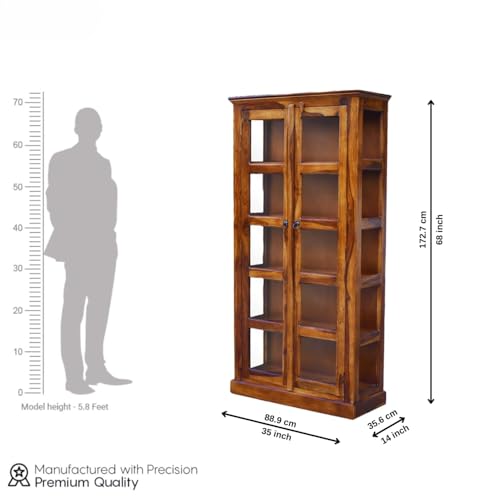 Image of Custom Decor Sheesham Wood Book Shelf with Glass Door | Wooden Bookcase and Crockery Cabinet for Home Library Kitchen | Walnut Finish