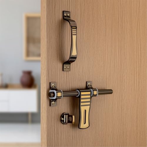 Image of COMPASS D-Cut Stainless Steel Heavy Double Door Fitting Accessories Full Set /Kit (1 Aldrop, 1 Latch, 4 Handles, 2 Tower Bolt and 2 Door Stopper | 12 inch | Vintage Finish