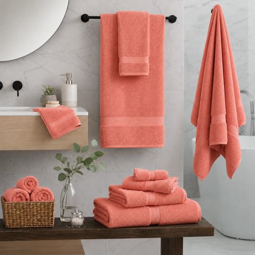 Image of Sulfar 100% Combed Cotton, 6 Pcs Towel Set - 2 Bath Towels (70 x 140 cm), 2 Hand Towels (40 x 70 cm) and 2 Face (30 x 30 cm) (600 GSM, Pack of 6) Coral Pink