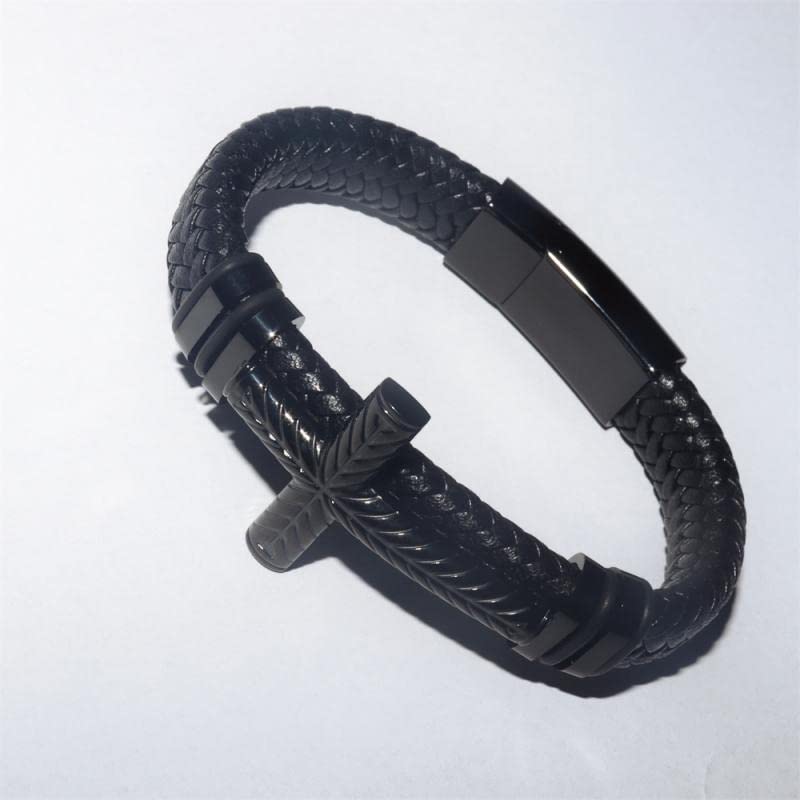 Bracelets pour hommes cuir et croix look décontracté chic - 3