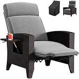YOGFWV Lettino da giardino in rattan, schienale regolabile, con tavolino nascosto, poltrona relax da giardino con poggiapiedi, adatto per terrazza, piscina e balcone (grigio-nero (a sinistra), 1