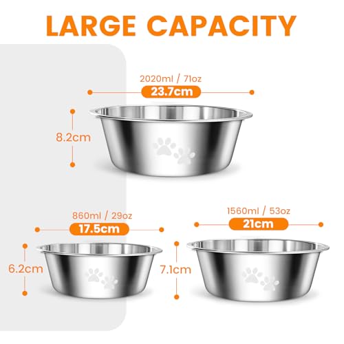 PETTOM 2 Stück Edelstahl Fressnapf Hund (1560 ML), Hundenapf Futternapf Hund Edelstahl mit Rutschfestem Silikonboden für Große, Mittelgroße Kleine Hunde, Spülmaschinengeeignet, M - 21 cm, Silber