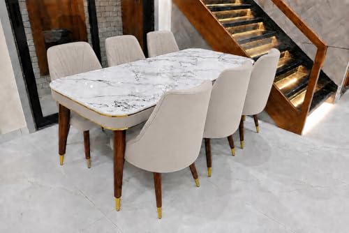 Image of WOODEN SPACE 6-Seater Wooden Dining Table Set | Nano Composite Marble Top | Solid Wood Base | Modern Dining Room Furniture with 6 Chairs (Beige Frontline)