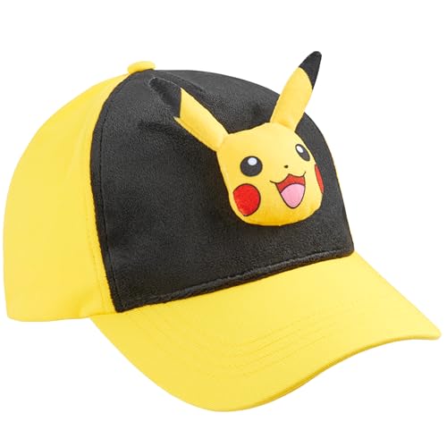 Pokemon Baseball Cap for Boys, Snapback Cap with 3D Pikachu or Bulbasaur, Adjustable Cotton Hat, Anime Gifts for Boys (4-12 Years, Yellow Pikachu)