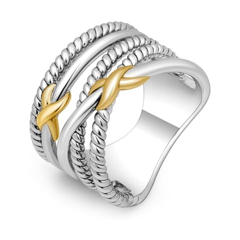 Mytys Gold and Silver Statement Rings for Women - Cable Wire Intertwined Design Two Tone Rings - Vintage Silver Vintage Rings Cocktail Jewelry (Cross Silver and Gold,7) Cover