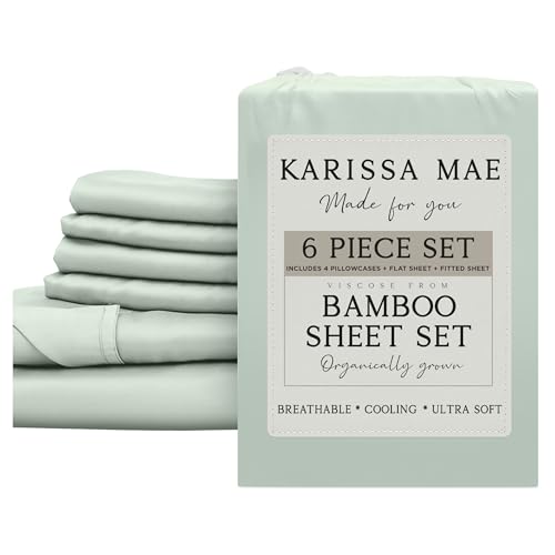 Image of KARISSA MAE 6 Piece Luxury Bamboo Viscose King Sheet Set, 4 Pillowcases | FSC Certified | Cooling | Ultra Soft | 18 inch Deep Pockets | Elastic Corner Straps | Includes Organizer Band [Sea Glass]
