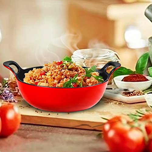 Healthy Choices 3 Qt Enameled Cast Iron Wok, Red, 12" Cast Iron Balti Dish, Christmas Woks & Stir Fry Pans, Indian Cast Iron Kadai, Induction Cooktop, Stovetop Iron Cast Wok, Indian Kadai, Red & Black #TOP5