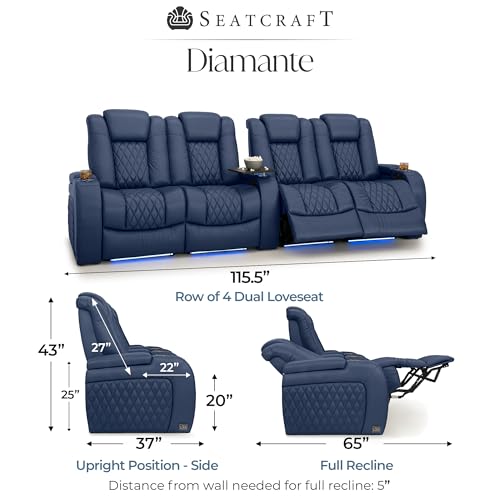 Image of Seatcraft Diamante Navy Blue Italian Leather Home Theater Seating, Zero Gravity Power Recliner, Gaming and Home Office Chair, Powered Headrest Furniture for Cinema Room, Row of 4 Dual Loveseats