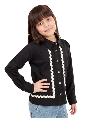 Image of olele Girls Full Sleeve Ruffles Cotton Linen Shirt - White for 4 to 14 Years | Kids Girl White Shirt | White Ruffle Shirt for Girls | Shirt Jeans