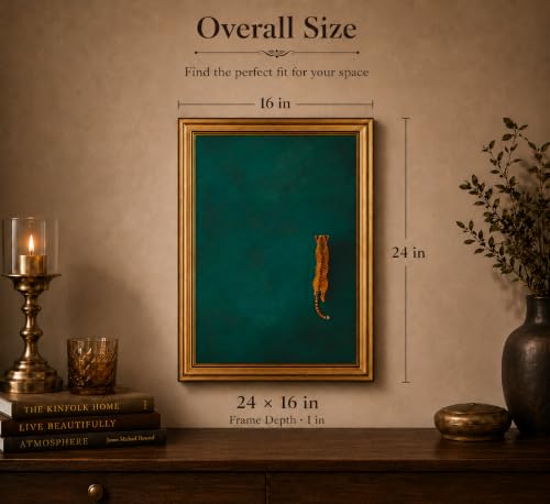 Image of Gold Framed 3D Textured Wall Art, Vintage Green Cheetah Canvas Prints, Minimalist Emerald Green Leopard Pictures Decor, Modern Trendy Animal Gallery Artwork for Living Room Bedroom Office 24x16 in