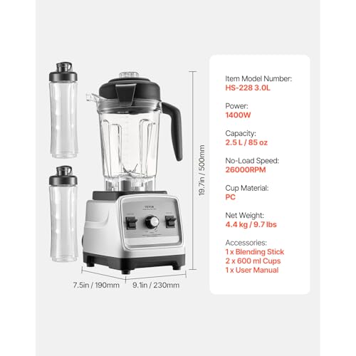 Image of VEVOR Blender for Smoothies, 85 oz 1400W, Professional Blender with Powerful Motor, Multi-Functional Food Processing with 2 Cups for Smoothie /Milkshake /Juice, Fits for Kitchen