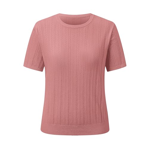 Image of SANGTREE Women's Cable Knit Half Sleeve Sweaters, Crew Neck Solid Color Knitted Summer Pullover Tops