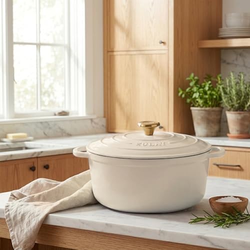 Image of Zulay Kitchen 5 Quart Enameled Cast Iron Dutch Oven Pot with Lid - Premium Durability & Oven Safe up to 500F - Heavy Duty Cookware Perfect for Bread Baking, Stews, Braising & Roasting - Ivory