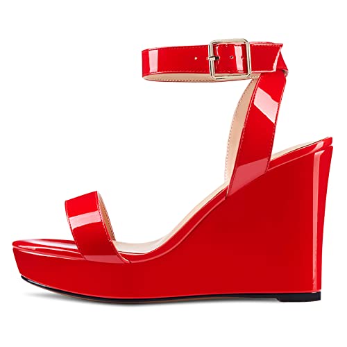 Image of Aachcol Women Platform Wedge Sandals Round Peep Open Toe Ankle Strap Slingback Two-Piece Chunky Block High Heel Dress Shoes Pumps Party Patent 4 Inch