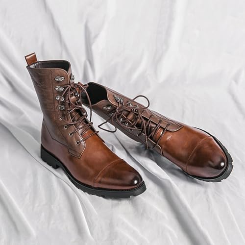 Men's Genuine Leather Patchwork Rivet Cap Toe Combat Boots Fashion Lace Up Round Toe Block Chunky Heel Mid Calf Derby Booties For Riding Hunting3