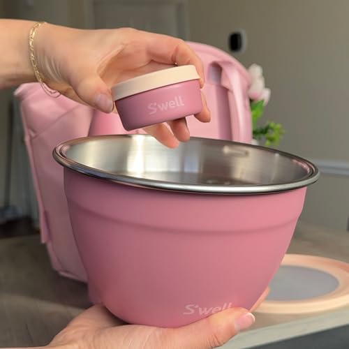 Image of S'well Stainless Steel Salad Bowl Kit 64oz, Dusty Pink, Comes with 2oz Mini Canister and Removable Tray for Organization, Leakproof, Easy to Clean, Dishwasher Safe