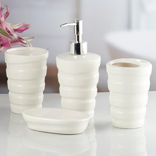 Image of Kookee Ceramic Bathroom Accessories Set of 4, Modern Bath Set with Liquid handwash Soap Dispenser and Toothbrush Holder, Luxury Gift Accessory for Home, White (10237)
