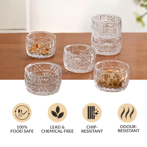 Image of Nestasia Small Glass Chutney Bowls Set of 6 (160ml Each) - Heat Resistant & Chip Resistant Ice Cream Bowls for Dips, Sauce & Pickles | Embossed Transparent Katori with Gift Box - Ideal for Gifting