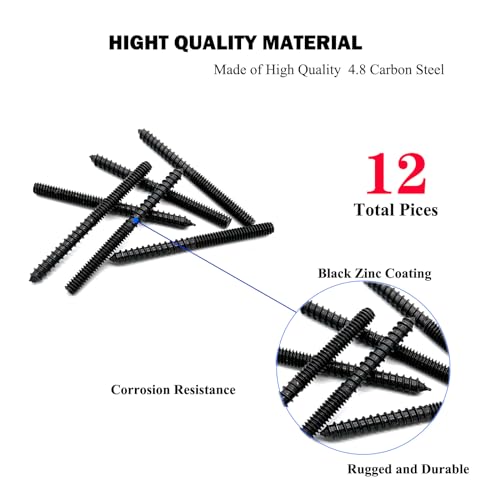 Image of 12 Pack 1 /4-20 x 3 Inch Black Hanger Bolts - Double Headed, Carbon Steel, 1 /4-20 inch Double Screw, Wood Dowel Screw