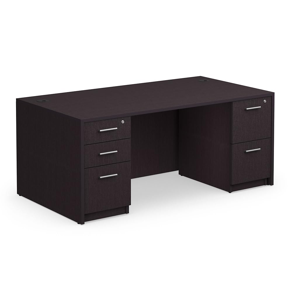 NBF Double Pedestal Executive Office Desk - Wood Computer Desk with Locking Drawers on Both Sides and Grommet Holes - At Work Professional Office