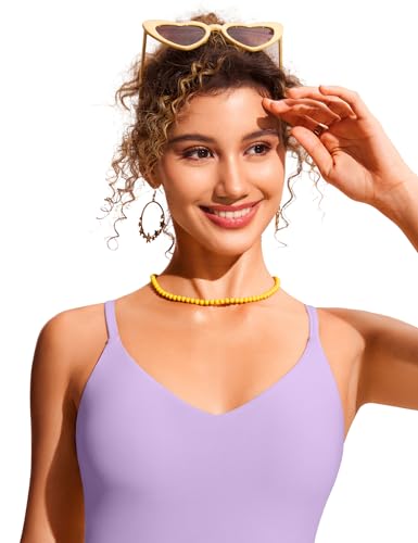 Image of CRZ YOGA V Shaped Longline Bikini Tops for Women - Padded Cropped Adjustable Spaghetti Straps Swimsuit Athletic Bathing Suit Elfin Purple Small