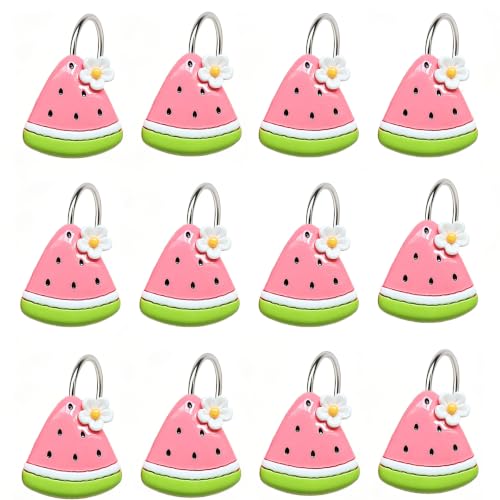 Image of Watermelon Shower Curtain Hooks 12 Pack Resin Cute Bathroom Hooks | Cute watermelon design resin shower curtain hooks, 12 pack, durable, smooth finish, adds fun bathroom decor style