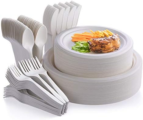 Fuyit 250Pcs Compostable Paper Plates with Cutlery Set, Disposable Biodegradable LONG Utensil Eco-Friendly Dinnerware Includes Plates, Fork, Knife & Spoon for Party, Camping, Picnic (White) Fuyit 250Pcs Compostable Paper Plates with Cutlery Set, Disposable Biodegradable LONG Utensil Eco-Friendly Dinnerware Includes Plates, Fork, Knife & Spoon for Party, Camping, Picnic (White)