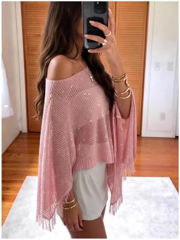 Milumia Women's Sequin Knit Poncho Shawl Top Hollow Out Fringe Bathing Suit Cover Up Tops Light Pink Small