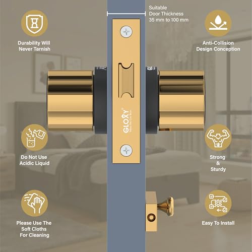 Image of Gloxy Brass Baby Latch Lock for Mortise Keyless Knob Handle Set Mortise Keyless Pull Handle Set with Baby Lock for Kitchen, Room | Gold & Black Finish (2 Years Warranty, Pack of 1)