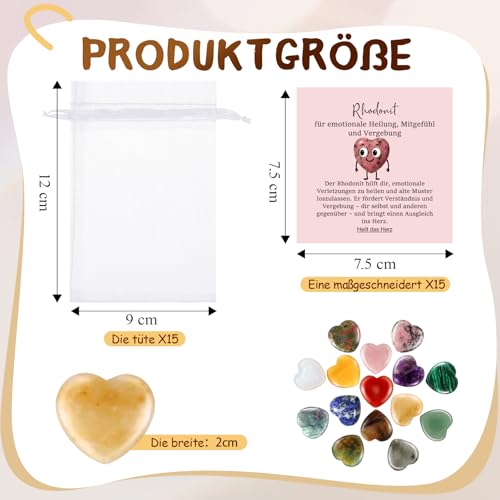 Jetec 15 Stück Glückssteine mit Bedeutung Karte im Organzasäckchen Bunte Herzen Steine Set Heilsteine Mutstein Schutzstein Glücksbringer Geschenk