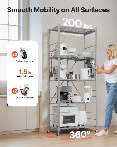 Image of VEVOR 5-Tier Foldable Storage Shelf, 32W x 14D x 72H Inch Folding Metal Rack Shelving Unit, Heavy Duty No Assembly Organizer Shelf with 5 Wheels & 4 Hooks for Pantry, Kitchen, Garage, Basement, Grey