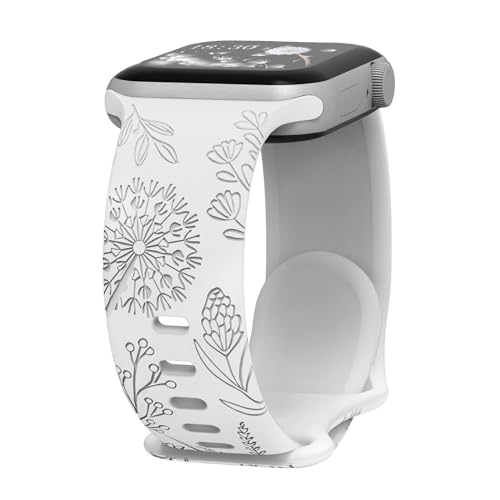 Yaber Floral Engraved Sport Bands Compatible with Apple Watch Band 40mm 41mm 38mm 42mm 44mm 45mm 49mm, Soft Silicone Embossed Cute Wildflowers Sport Laser Strap for iWatch Series 9 8 7 6 5 4 3 2 1 SE